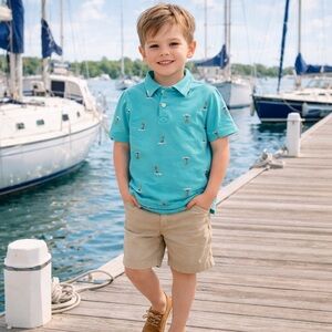 Cat & Jack Boys Polo Shirt 4/5 Blue Tropical Island Print Short Sleeve